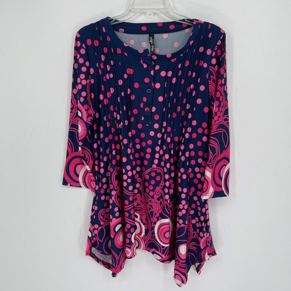 White Mark Women's Pink Polka Dot Pintuck Retro Henley Tunic Top Size 1XL